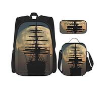 Juego de 3 mochilas con un antiguo barco de vela navegando en el mar por la noche, una enorme y hermosa bolsa de libros de luna llena, bolsa de viaje, trabajo, escuela, estuche de lápices, bolsa de