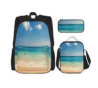 Juego de 3 mochilas con vista al mar desde la playa tropical con cielo soleado, bolsa de libros, viaje, camping, trabajo, escuela, estuche, bolsa de almuerzo, combinación para hombres, mujeres, niño