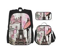 Juego de 3 mochilas de acuarela con vista de París, primavera, torre Eiffel, rosa, vintage, calle, niña, bolsa de libros, viaje, camping, trabajo, escuela, bolsa, estuche de lápices, bolsa de almuer