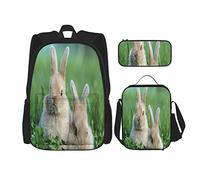 Juego de 3 mochilas de animales de la naturaleza, dos lindos conejos pastando sobre hierba verde, bolsa de libro, viaje, camping, trabajo, escuela, bolsa pluma, color, 5.0cm*10.5cm*20.5cm, Estuche para lápices
