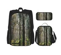Juego de 3 mochilas de bosque brumoso otoñal con soporte de coníferas, rayos de sol de la mañana, matorral al aire libre, bolsa de libros sombreada, bolsa de viaje, trabajo, escuela, estuche de lápi