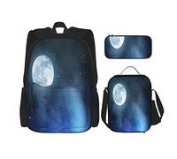 Juego de 3 mochilas de cielo nocturno con estrellas, luna llena, universo, espacio, cuerpos celestiales, bolsa de libros de noche romántica, bolsa de viaje, trabajo, escuela, estuche de lápices, bol