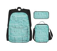 Juego de 3 mochilas de color menta con fondo de pared de ladrillo antiguo en tonos vibrantes, diseño de arquitectura urbana, bolsa de libro de imágenes, bolsa de viaje, trabajo, escuela, estuche de