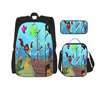 Juego de 3 mochilas de dibujos animados, barco bajo el mar, animales marinos descubiertos, cofre del tesoro, bolsa de libros de aventura marina, bolsa de viaje, trabajo, escuela, estuche de lápices,