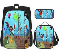 Juego de 3 mochilas de dibujos animados barco bajo el mar descubierto animales marinos cofre del tesoro marino aventura bolsa escolar pluma C, color, 5.0cm*10.5cm*20.5cm, Estuche para lápices