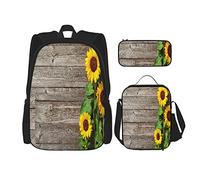 Juego de 3 mochilas de estilo rural con flores amarillas brillantes y hojas verdes en tablero de madera rústica, bolsa de libros de girasoles, bolsa de viaje, trabajo, escuela, estuche, bolsa de alm