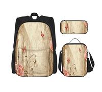 Juego de 3 mochilas de flores y pilares, rosas, mariposas, pilares de piedra, arquitectura antigua, tema retro, fondo de mármol, bolsa de libros, viaje, trabajo, escuela, bolsa, estuche de lápices,