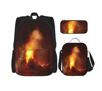 Juego de 3 mochilas de montaña, gran volcán de gas en erupción, gases de lava caliente, naturaleza, ciencia, fuego, paisaje, cenizas, desastres, bolsa de libros, bolsa de trabajo, escuela, estuche d