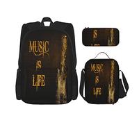 Juego de 3 mochilas de música Heavy Metal Music Is Life, bolsa de libros, viaje, camping, trabajo, escuela, estuche de lápices, bolsa de almuerzo, combinación para hombres, mujeres, niños, niñas, ta