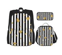 Juego de 3 mochilas de Navidad, amarillo, negro, corazones dorados, patrón de rayas, oro, amor, caída, celebración abstracta, felicitación, bolsa de libros, trabajo, escuela, bolsa, estuche de lápic