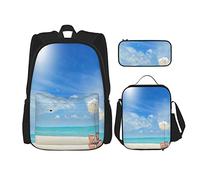 Juego de 3 mochilas de playa tropical aislada con sillas y sombrilla, bolsa de libros con diseño de paisaje marino, arena, viaje, trabajo, escuela, estuche de lápices, bolsa de almuerzo, combinación