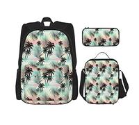 Juego de 3 mochilas de temporada de verano, palmeras y hojas de helecho exóticas con diseño colorido abstracto, bolsa de libros, bolsa de viaje, trabajo, escuela, estuche de lápices, bolsa de almuer