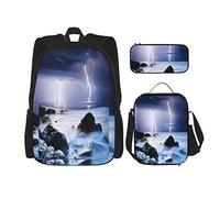 Juego de 3 mochilas de verano tormenta y trueno en el océano mar temporada lluviosa natural paisaje pesadilla libro de obras de arte Ba, color, 5.0cm*10.5cm*20.5cm, Estuche para lápices