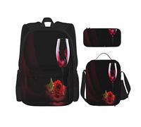 Juego de 3 mochilas de vino tinto, rosa, romance, rosa tumbada junto a la copa, alcohol, licor, ondas, bolsa de libros, viaje, camping, trabajo, escuela, bolsa, estuche de lápices, bolsa de almuerzo