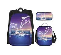 Juego de 3 mochilas Dolphin JumpsOf The Sea, bolsa de libros, viaje, camping, trabajo, escuela, estuche de lápices, bolsa de almuerzo, combinación para hombres, mujeres, niños, niñas, talla única