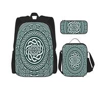 Juego de 3 mochilas étnicas irlandesas diseño circular con líneas espirales retorcidas en el sentido de las agujas del reloj, bolsa de libros insular, bolsa de viaje, trabajo, escuela, estuche de lá