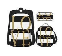 Juego de 3 mochilas Gold Love Classic Black And White Striped Book Bag Travel Camping Work School Bag Estuche para lápices Combinación de bolsa de almuerzo para hombres Mujeres Niños Niñas Talla úni