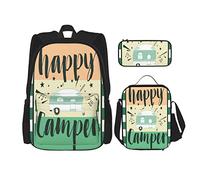 Juego de 3 mochilas Happy Camper Camping Diseño al aire libre Bolsa de libros Viaje Camping Trabajo Escuela Bolsa Estuche de lápices Combinación de bolsa de almuerzo para hombres Mujeres Niños Niñas