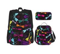 Juego de 3 mochilas impermeables ligeras con diseño de conejo blanco con bolsa de almuerzo, estuche para lápices para oficina, escuela, viajes, Linda libélula, Talla única