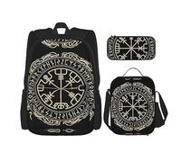 Juego de 3 mochilas impermeables ligeras con diseño de flores moradas y verde azulado, con bolsa de almuerzo, estuche para lápices para oficina, escuela, viajes, Brújula de runas nórdicas de diseño