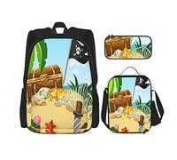 Juego de 3 mochilas Island Full Of Treasure And Chest Book Bag Travel Camping Work School Bag Estuche de lápices Combinación de bolsa de almuerzo para hombres, mujeres, niños y niñas, talla única