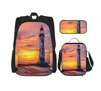 Juego de 3 mochilas LighthouseSunset Clouds Nature Landscape Book Bag Travel Camping Work School Bag Estuche de lápices Combinación de bolsa de almuerzo para hombres Mujeres Niños Niñas Talla única