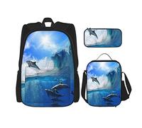 Juego de 3 mochilas Ocean Sunlight una bandada de delfines juguetones nadando bajo el agua y uno de ellos saltando de gran mar, color, 5.0cm*10.5cm*20.5cm, Estuche para lápices