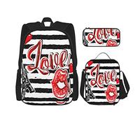 Juego de 3 mochilas para mujer con diseño de labios rojos de la Torre Eiffel de París y corazón rojo sobre rayas blancas y negras, bolsa de viaje, trabajo, escuela, estuche de lápices, bolsa de almu