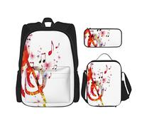 Juego de 3 mochilas para música, arte creativo, notas musicales, ritmo, canción, libro, viaje, camping, trabajo, escuela, estuche de lápices, bolsa de almuerzo, combinación para hombres, mujeres, ni