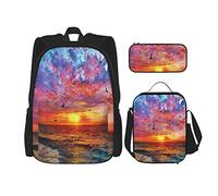 Juego de 3 mochilas para playa, gaviota, puesta de sol, olas del océano, cielo azul, rayos de sol costeros, bolsa de libros, viaje, camping, trabajo, escuela, bolsa de lápices, bolsa de almuerzo, co