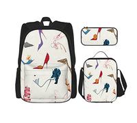 Juego de 3 mochilas para zapatos, tacones altos, estilete, cinta de flores de lujo, para mujer, con silueta de bomba, para libros, viajes, camping, trabajo, escuela, estuche de lápices, bolsa de alm