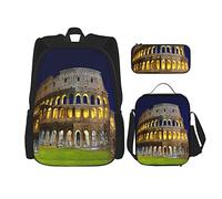 Juego de 3 mochilas Roma Coliseo Famosa columna Arquitectura Arte Italia Antiguo Imperio Romano Símbolo Prado Luz Noche Escénica Bolsa de libros Trabajo Escuela Bolsa Estuche de lápices Bolsa de alm