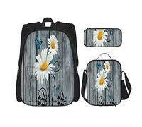 Juego de 3 mochilas rústicas florales amarillas con margaritas y mariposas en una tabla de madera azul rústica, estilo rural, bolsa de libros, bolsa de viaje, trabajo, escuela, estuche, bolsa de alm