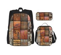 Juego de 3 mochilas, surtido antiguo de diferentes elementos de arquitectura de madera, bolsa de libros con estampado de llaves de puerta de madera, bolsa de viaje, trabajo, escuela, estuche de lápi