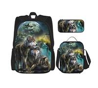 Juego de 3 mochilas The Moon And The Two Wolf Book Bag Travel Camping Work School Bag Estuche para lápices Combinación de bolsa de almuerzo para hombres Mujeres Niños Niñas Talla única