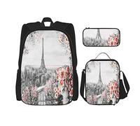 Juego de 3 mochilas vintage con pintura de París, torre Eiffel, rosa, flor, primavera, paisaje urbano, bolsa de libros, viaje, camping, trabajo, escuela, bolsa de lápices, bolsa de almuerzo, combina