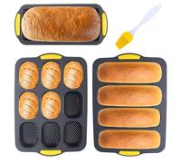 Juego de 3 Molde para Hornear Pan de Silicona, Molde para Baguettes Antiadherente + Molde de Silicona para Panecillos con 9 rejillas + Bandeja para baguettes con 4 rejillas, con cepillo aceite