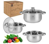 Juego de 3 Ollas de inducción con tapa de cristal, acero inoxidable mate, juego de ollas de inducción sin recubrimiento, escala interior, vitrocerámica, gas, cocina eléctrica