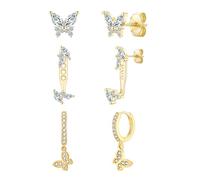 Juego de 3 pares de aretes de aro para mujer, aretes chapados en oro de mariposa, pequeños aretes de aro para múltiples piercings│ Juego de aretes delicados y brillantes para regalo de joyería, Oro