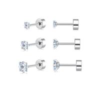 Juego de 3 pares de aretes de tuerca de plata/oro para mujeres y hombres, hipoalergénicos, con circonita cúbica cuadrada pequeña, titanio, acero quirúrgico, para hélix, tragus, cartílago, dormilón