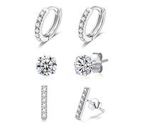 Juego de 3 pares de aretes de tuerca y argolla de plata de ley 925 con perlas de agua fría, circonita cúbica, aros tipo huggie, juego de aretes de triple lóbulo, Plata de ley, Circonia cúbica