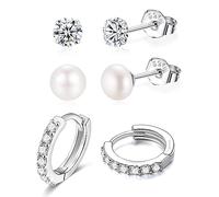 Juego de 3 pares de aretes de tuerca y argolla de plata de ley 925 con perlas de agua fría, circonita cúbica, aros tipo huggie, juego de aretes de triple lóbulo, Plata de ley, Circonia cúbica