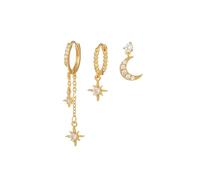 Juego de 3 pares de pendientes bañados en oro, diseño de luna y estrellas, circonitas para mujer, para varios piercings delicados, hipoalergénicos, con colgante y pendientes minimalistas