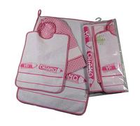 Juego de 3 piezas: babero con elástico de 29 x 35 cm, toalla de 40 x 55 cm y bolsa de 32 x 37 cm con banda de etamina para punto de cruz. Algodón 100% fabricado en Italia, fucsia
