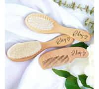 Juego de 3 piezas de cepillo de pelo de madera personalizado con nombre y cerdas de peine, cepillo de pelo de bebé y peine para recién nacido, cepillo de madera natural