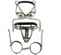 Juego de 3 piezas de cinturón de castidad de silicona de acero inoxidable para mujer, bragas, sujetador, ropa interior, puños de muslo, anillo SM, esclavo extremo, fetiche, juguetes sexuales(120~130c
