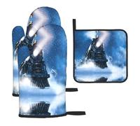 Juego de 3 piezas de cocina para hornear, invierno, Navidad, nieve, noche, ferrocarril, tren, impreso, resistente al calor, apto para horno y parrilla al aire libre