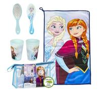 Juego de 3 Piezas de Frozen Elsa y Anna Kindergarten de Disney: Toalla, Cepillo y Vaso en Estuche de Belleza sin PVC