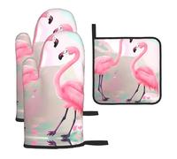 Juego de 3 piezas de guantes y alfombrillas resistentes al calor con estampado de flamencos para hornear y asar