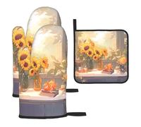 Juego de 3 piezas de guantes y alfombrillas resistentes al calor, diseño de girasoles bajo el alféizar de la ventana, apto para hornear y asar a la parrilla